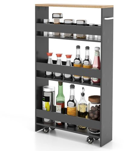 COSTWAY Carrello da Cucina a 4 Ripiani, Carrello in Legno con 4 Ruote Universali, Carrello Scaffale Stretto Salvaspazio con Manico per Bagno, Ufficio e Officina, 47,5 x 20 x 80,5 cm (Grigio)
