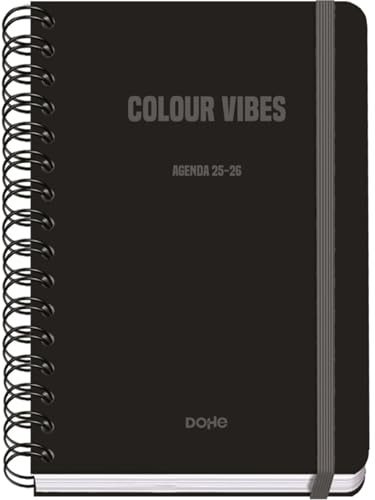 Dohe - Agenda Scolaire 2025 2026 - Semainier, Taille A5 (15x21 cm), Espagnol et Anglais, Fermeture à Spirale Double et Élastique, Couverture Rigide, 4 Pages d'Autocollants - COLOUR VIBES Noir