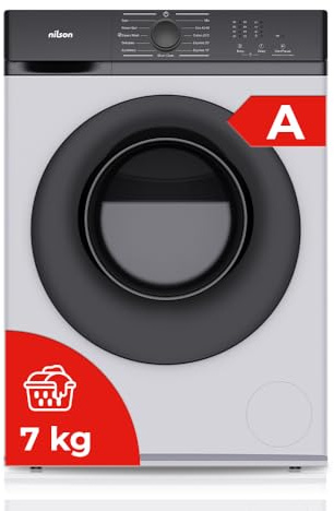 Nilson Lavadora 7Kg Carga Frontal Blanco NL7201AI. 1600W, 1200rpm, Motor Inverter, 11 Programas, Función Stop&Go, Tambor Diamante, Clase de Eficiencia Energética A