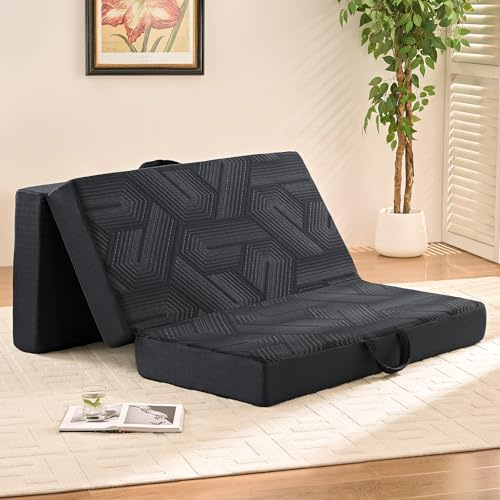 Housiney Mattress Topper, 4 Inch Memory Foam Tri-Fold Mattress Twin, Foldable Bed with Washable Cover, Handles and Non-Slip Bottom for Yoga, Guest, Camping, 75x 38 x 4, Black