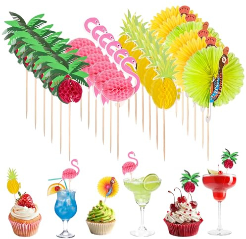 EKKONG 100 Piezas Palillos de Cóctel de Madera, Decoración 3D Flamenco Piña Pavo Real Palmera de Coco, Palillos Hawaianos para Fiestas de Verano, Cumpleaños, Bar, Bebidas, Pasteles (B)