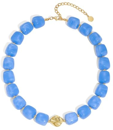 Zhuozatrfa Blue Beaded Necklaces for Women Sky Blue Large Square Resin Beads Necklace Trendy Statement Choker Necklace Handmade Bead Chokers Jewelry