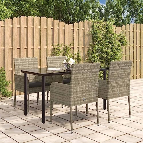 HGBNMER Set da pranzo da giardino in polyrattan nero grigio con cuscini, set modulare in acciaio verniciato a polvere e vetro temperato, gruppo sedute per terrazza e balcone, fino a 110 kg per seduta