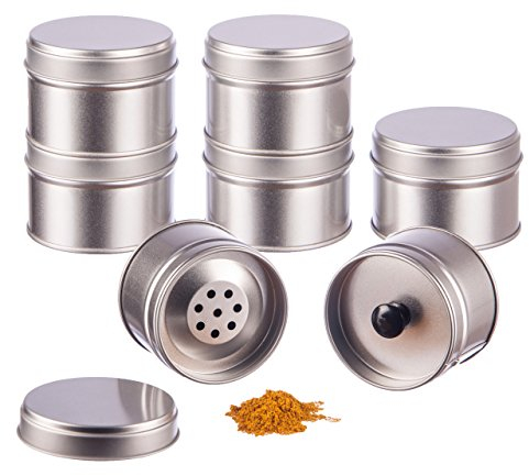 12 botecitos para especias con tapa adicional de aroma + 2 tapas gratis para esparcir, 6,6 cm de diámetro, 4,6 cm de altura, apilables, 12 etiquetas incluidas