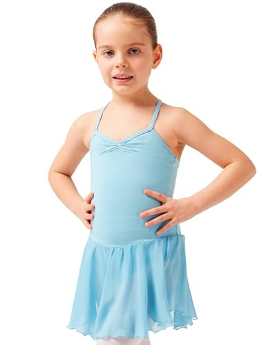 tanzmuster Kinder Ballettkleid Maja - süßer Spaghetti-Träger Ballettbody mit Chiffon Röckchen und Glitzersteinen in hellblau, Größe:128/134