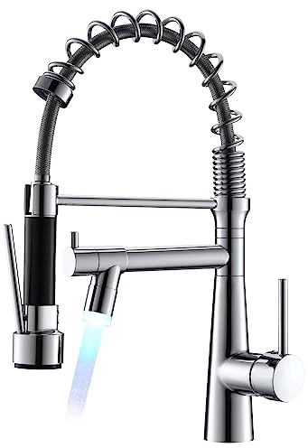 TIMACO Robinet de cuisine LED, chromé, pour évier de cuisine, pivotant à 360°, avec ressort en spirale, deux becs et douchette extractible, haute pression
