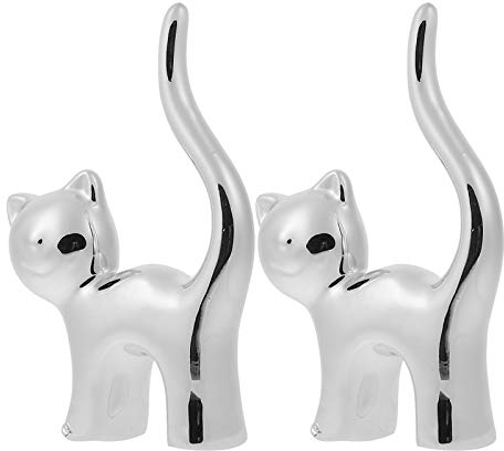 Cat Ring Holder - Ceramic Cute Cat Figure Ring Stand Jewellery Stand Display for Jewellery Photography Women Girls Birthday (Silver)