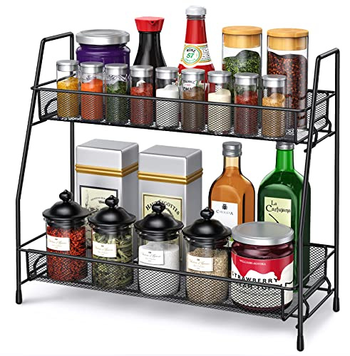 SPISPI Svart 2-nivåer justerbar aluminium kryddhylla organisatör, 36 x 32,3 x 14 cm, kök, badrum matförvaring och organisation