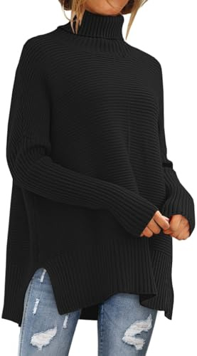 EFAN Women's Turtleneck Oversized Sweaters Long Pullover Winter Clothing 2025 Trendy Fashion Knit Tunic Fall Outfits Black M
