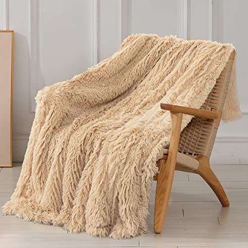 Tuddrom Dekorativ extra mjuk filt i fuskpäls 127 cm x 152 cm, solid vändbar luddig lätt långt hår lurvig filt, fluffig mysig plysch fleece bekväm mikrofiberfilt för bäddsoffa, aprikos