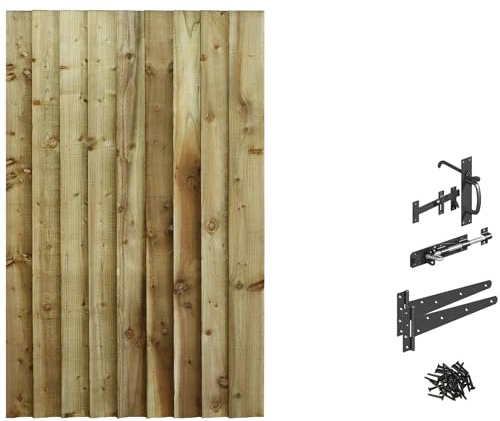 Made to Measure 5ft Wooden Garden Gate, Suffolk Latch Fixing Kit, Custom Feather Edge Semi-Braced Flat Top Treated Timber Door for Outdoor Pathway Home Access, MAX 150cm High x MAX 90cm Wide