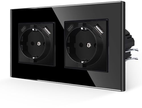 JIMEIDA Doppelsteckdosen mit USB in Schwarz,16Amp Glas Steckdosen mit USB A und Typ C Port max.2.1A, Unterputz Wandsteckdose-157 * 86mm,250V