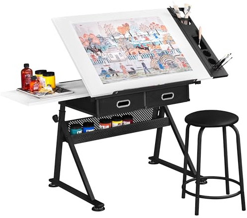 Yaheetech Table à Dessin Inclinable Hauteur Réglable avec Tabouret et 2 Tiroirs Compartiments à Crayons Bureau pour Dessinateur Peintre Ingénieur Artiste Blanc