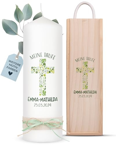 AMARI Taufkerze Personalisiert Florales Kreuz (002.10.05) H:25cm/⌀:8cm - Kerze Selber Gestalten für Taufe Mädchen/Junge mit Namen