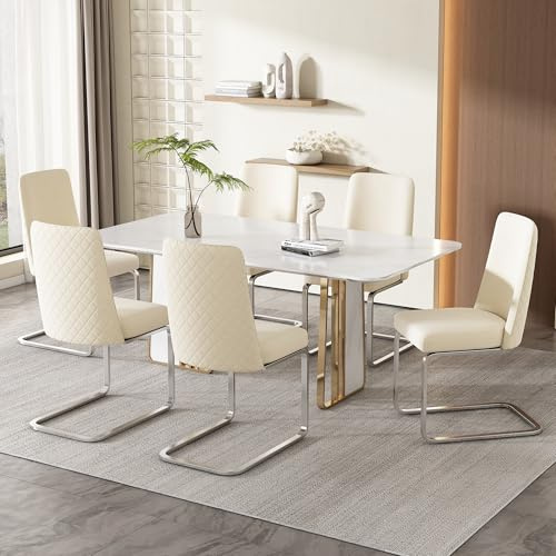 Merax Schwingstuhl 6er-Set, Samt Esszimmerstühle mit Metall-Stützbeinen, bequemer Freischwinger Stühle für Wohnzimmer, Schlafzimmer, Samt, Beige & Silber