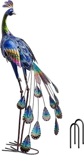 TERESA'S COLLECTIONS Decorazione per esterni, sculture e statue da giardino con pavone, per decorare il portico, 61 cm, in metallo blu, grande decorazione da giardino per esterni, decorazioni da