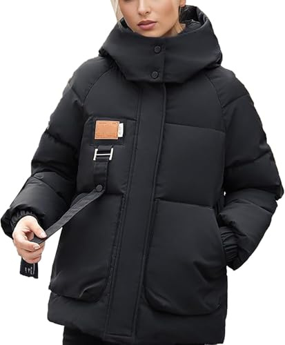 Chaqueta de Pluma con Capucha Desmontable para Mujer Chaqueta de Invierno Acolchada Elegante y cálida Parka Holgada para Exteriores Plus