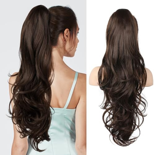 Flufymooz 26 Ponytail Extension, Long Wavy Curly Claw Clip in Ponytail Hair Extensions, Natural Synthetic Hairpiece for Women Daily Wear(Dark Chocolate Brown)