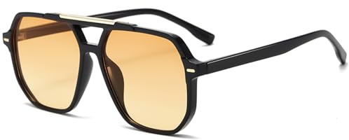 LOJUDI Lunettes de soleil rétro pour homme et femme années 70 - Lunettes de pilote carrées - Grands verres pour protection UV400, Verres noirs / orange jaunes