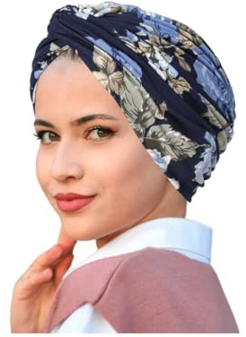 Förbunden huvudbonad kemo huvudbonad för kvinnor UK mössa halsduk turban keps blommig bomull känsla stil alopecia bandana huvudskydd, Marinblå blommig, one size