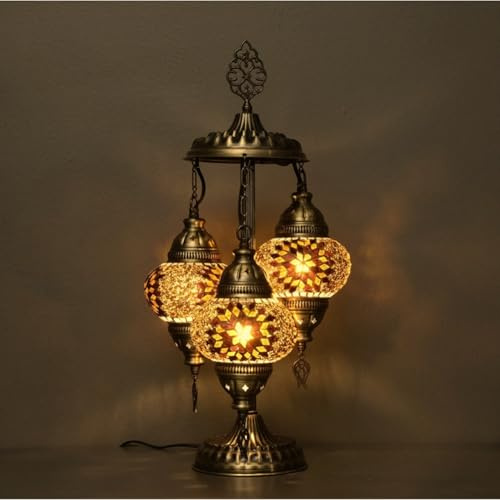 VALVELLO Lampada Mosaico Turca a 3 Sfere – Lampada da Tavolo Orientale Fatta a Mano – Design Boho per Soggiorno, Camera da Letto e Ufficio – Illuminazione Decorativa (Marrón)