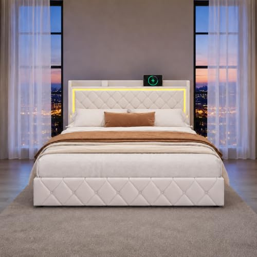 Cama Tapizada 140x190 con almacenaje,Cama Matrimoniales con 4 Cajones Cama Doble con Somier Cama Acolchada con USB y Luz LED Marco de Cama con Cabecero Cama Juvenil, Terciopelo Beige, Sin Colchón