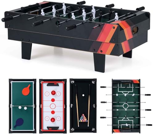 HOMASIS Tavolo da Gioco 4 in 1 in Legno per Bambini e Adulti, Tavolo da Biliardino con Piani Sovrapponibili per Biliardo, Hockey su Aria, Biliardino, Ping Pong per Casa, Sala Giochi (Grigio)