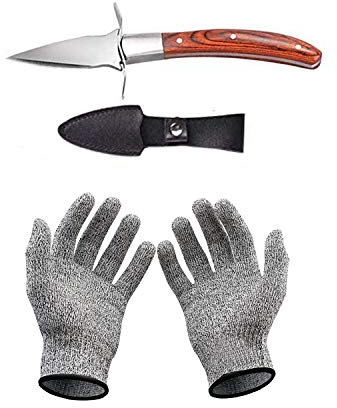 Set con coltello per ostriche e guanti resistenti al taglio, apricostriche, guanti protettivi per conchiglie o formaggi duri. Oyster Knife (cucina, giardinaggio, fai da te) (Marrone, Medio)