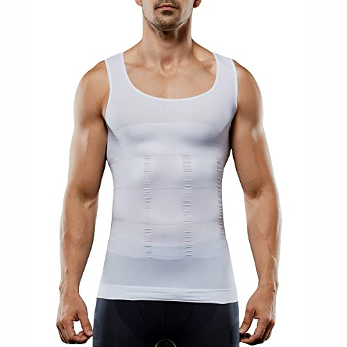 Men's Compression Shirt Sleeveless Tummy Control Vest Tummy Control Tank Top Body Shaper Shaper Wear Seamless, White, L
