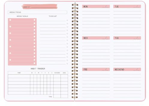 Undated Weekly Planner- Weekly Goals Notebook, A5 To Do List Planner, Habit Tracker Journal with Spiral Binding, 5.7 x 8.0 inches