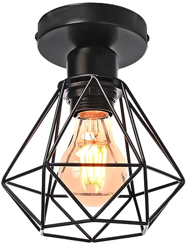 PETITES ECREVISSES E27 Plafonniers Industrielles Métal Cage Noir Vintage Suspension forme Diamant Rétro Luminaire d'eclairage (1 pack - Ø16cm)