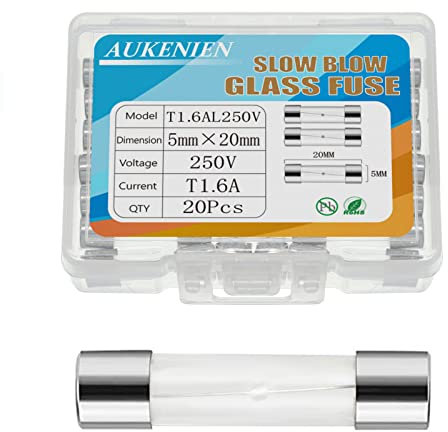 AUKENIEN 1,6A 1,6 Ampère 250V Fusible Verre à action Lente Temporisé Tube 5x20MM T1,6A Fusibles en Verre pour Électroménager