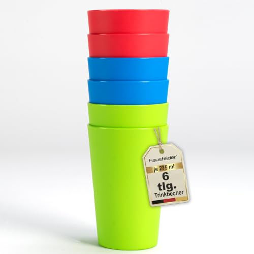 Hausfelder Dricksbägare set med 6, okrossbar återanvändbar camping och barnmuggar, plastmuggar 275 ml (6 stycken, blå, grön, röd)