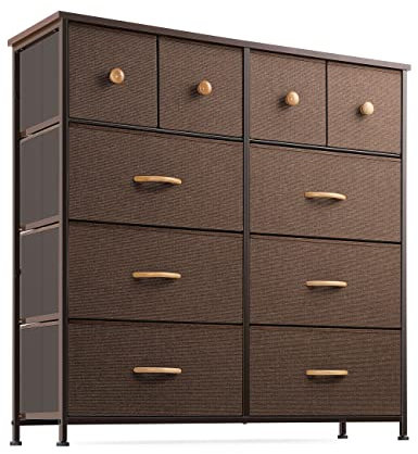 Nicehill Chest of Drawers with 10 Drawers, Storage Drawer Organizer, Tall Chest of Drawers for Closet, Clothes, Kids, Baby, Living Room, Wood Board, Fabric Drawers(Brown)