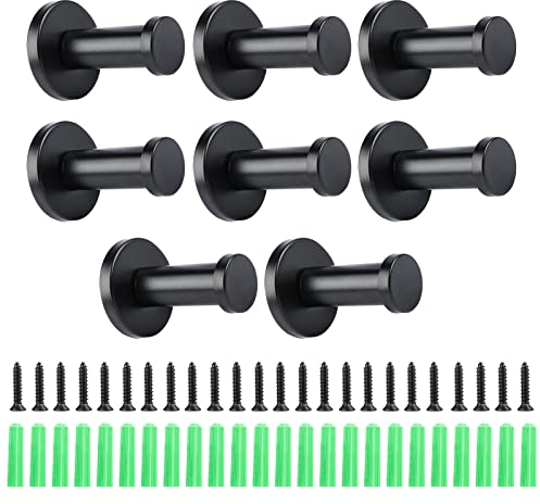 RUNEAY 8 ganchos de pared negros, 55 mm, acero inoxidable, redondos, percheros, ganchos para toallas, percheros con 24 tornillos, para dormitorio, baño, armario o sala de estar