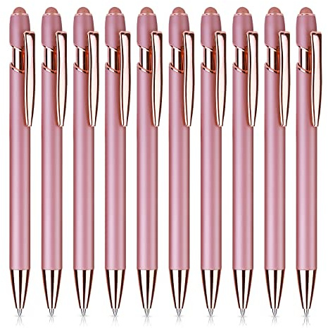 cobee Bolígrafo de oro rosa con punta de lápiz capacitivo, 10 unidades de 0.039 in, 2 en 1, bolígrafos retráctiles de punta de bola, bolígrafo de metal de tinta negra, bolígrafo de escritura