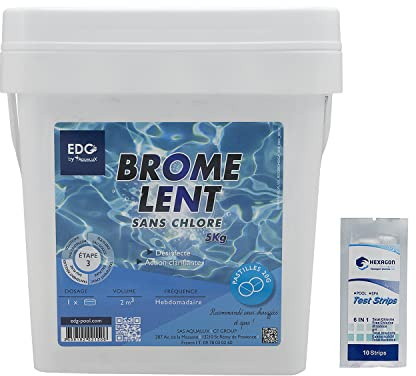 EDG by AQUALUX Brome Lent Pastilles 20g - 5kg | Brome Permanent - Désinfection Régulière - Dissolution Lente + 10 Tests HPS OFFERTS 6 en 1