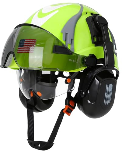 Aolamegs Safe Hard Hat with Dual Visor and Hearing Protection-OSHA Approved Construction Hard Hats with Visor Sunglasses Earmuffs for Men,Vented Forestry Chainsaw Arborist Helmet with Chin Straps