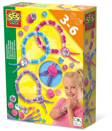 SES Creative Kit DIY de Bracelets de perles | Atelier creatif enfant | Idée Cadeau | Made in Holland | Pour Filles Dès 3 ans | Multicolore | 3 Lacets + Perles Cœurs Étoiles + Stickers | 14047