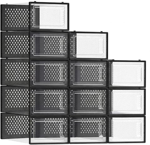 SONGMICS Schuhboxen, Schuh-Organizer aus Kunststoff, faltbar und stapelbar, für Schuhe bis Größe 43, 12er Set, transparent-tintenschwarz LSP006B12