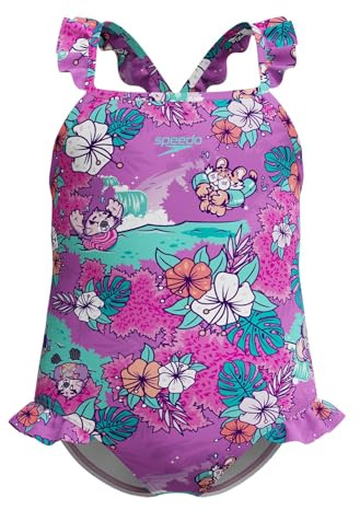 Speedo Learn to Swim Printed Frill Thinstrap Costume da Bagno, Resistente al Cloro, Asciugatura Rapida Costume da Bagno per Bambina, Neon Violet, 5 Anni