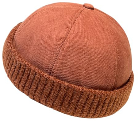 HeiDmai Winter Fisherman Beanie Hats Warm Knit Brimless Hat Retro Docker Cap Adjustable, Brick Red, One Size