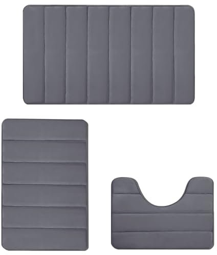 JOME Juego de 3 Alfombrillas de Baño – Espuma Viscoelástica Antideslizante | Alfombra Baño Lavable Secado Rápido | Suave y Absorbente para Ducha y Bañera | Color Gris Oscuro