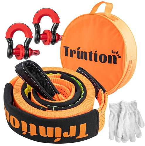 Trintion 10T (22.000 lbs) Abschleppseil Auto, 5M x 5cm, Polyester-Abschleppgurt mit 2 verstärkten Haken und 1 Paar Handschuhen, Hochleistungs-Auto-Abschleppseil für Offroad-Rettungs SUV Orange