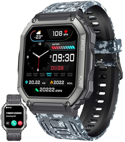 ZPIMY Smart klocka för män med Bluetooth-samtal, 1,8 tum AMOLED 5ATM, Smartwatch med 100+ sportlägen, aktivitetsmätare, sömn, spO2, Smart Watch för iOS Android (Camouflage, grön)