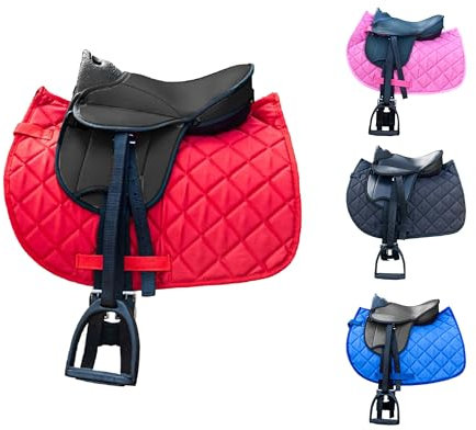 Brama West Kinder Shetty Sattel Set „My Little Pony“ | Sattel für Shetty Pony Holzpferd Plüschpferd | mit Satteldecke, Sattelgurt, Steigbügel & Steigbügelriemen | Zweifarbig Decke Rot/Sattel Schwarz