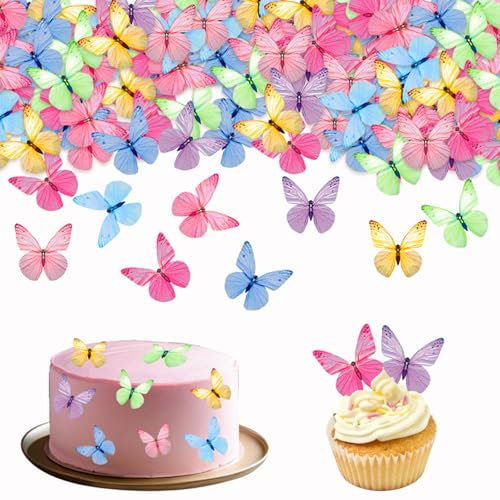 Toyhood 72 Stück 3D Essbare Bunte Schmetterling Cupcake Toppers, Papier Schmetterling Schöne Realistische Tortendekoration, für Geburtstag Hochzeit Baby Dusche Party Dekor
