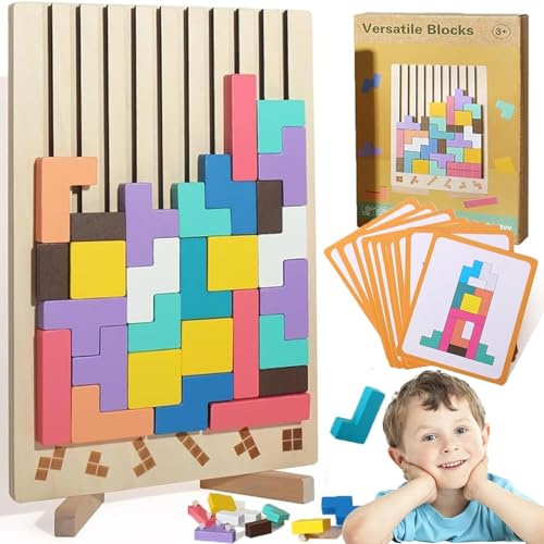 Wooden Stacking Puzzle Toy, Tetris Game with 10 Cards, 3D Montessori Stacking Blocks, Educational Toys for Boys Girls Age 4-8, Interactive Board Game Geometric Builiding Toys for Kids and Adults