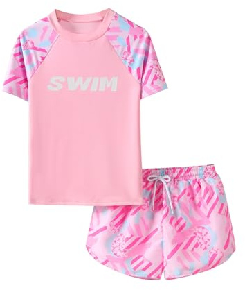 Jugaoge Maillot de Bain Enfant Fille 2 Pièces T-Shirt Manches Courtes et Short de Bain Natation Rash Guard 7-13 Ans Rose A 10-11 Ans