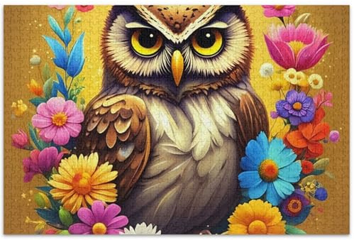 Adult Jigsaw Puzzles 500 Pieces White Elephant Owl Yellow Floral Difficult Puzzle Animal Painting, 20.5x14.9 Inch